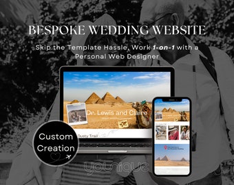 May include: A couple stands in front of a laptop and a smartphone displaying a website for their wedding. The website features a photo of the couple in front of the pyramids in Egypt. The text on the website reads "Dr. Lewis and Claire Desert Wedding Celebration". The laptop screen also displays the text "Dusty Trail" and "younique".