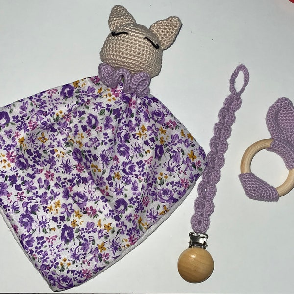 Kit naissance bébé au crochet (doudou, attache tétine, hochet) fait main artisanal