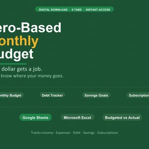Może przedstawiać: Grafika do pobrania cyfrowego z ciemnozielonym tłem. Tekst brzmi "Zero-Based Monthly Budget" w kolorze białym i żółtym. Dodatkowy tekst zawiera "Every dollar gets a job" oraz opcje dla Arkuszy Google i Microsoft Excel.