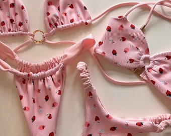 Handmade Reversible Strawberry Bikini: Pink Ribbed Swimsuit