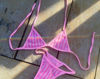 Handmade Terry Cloth Pink Trim Pastel Striped Bikini Swimsuit Set Halter Neck | Y2K Vibrant Bright Swimwear