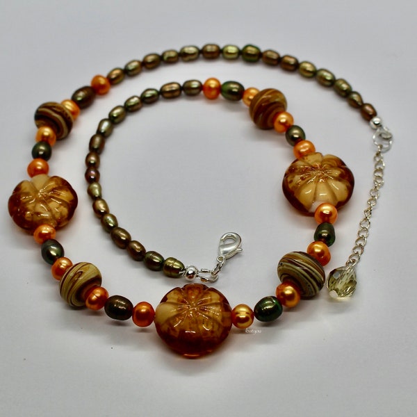 Caramel handblown glass beads with freshwater pearl necklace