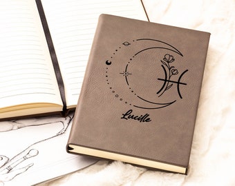 Personalized Zodiac Moon Engraved, Zodiac Monogram Engraved Notebook, Custom Leather Journal, Personalized Gift, Gift For Her, Birthday Gift