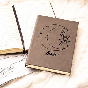 Personalized Zodiac Moon Engraved, Zodiac Monogram Engraved Notebook, Custom Leather Journal, Personalized Gift, Gift For Her, Birthday Gift