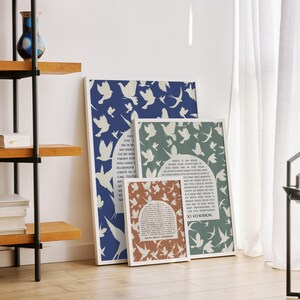 May include: Three framed prints with a blue, green, and orange background. Each print features a white silhouette of birds flying. The orange print includes a quote by Ralph Waldo Emerson: "Where is it on your heart, that every day is a new beginning?"