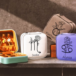 Custom Zodiac Jewelry Case, Zodiac Jewelry Case, Birth Flower Travel Case, Birthday Gift For Her, Gift For Her, Mother&#39;s Day Gift