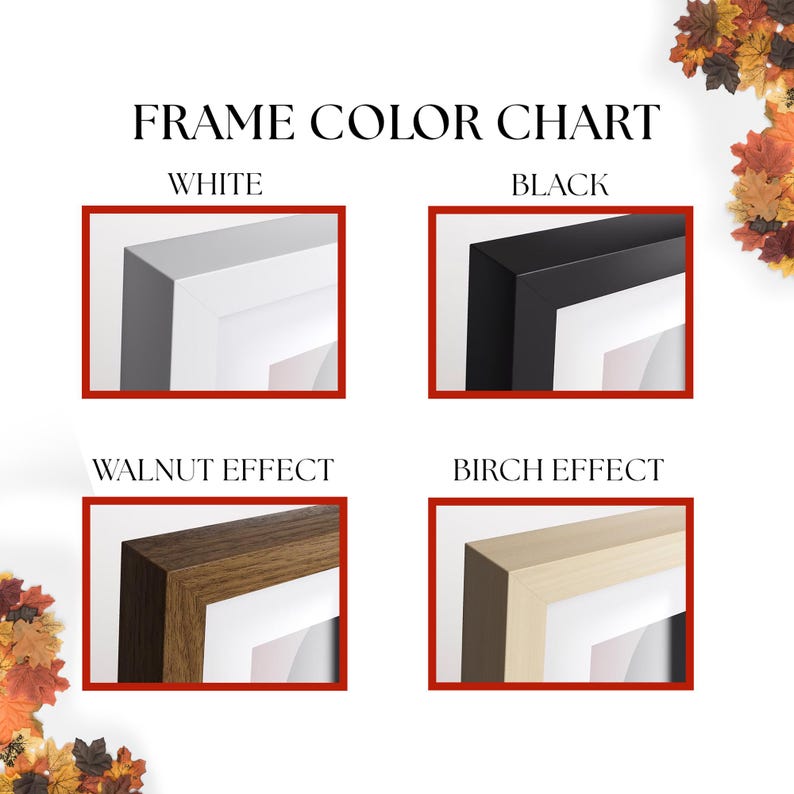 May include: A chart displaying four different frame colours: white, black, walnut effect, and birch effect. Each frame colour is shown as a close-up of the frame's edge.