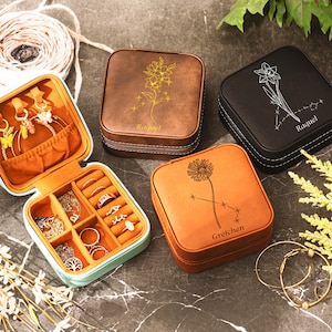 Birth Flower Engraved Travel Box, Jewelry Boxes, Birth Flower and Zodiac, Leather Travel Case, Gift For Her, Birthday Gift Sister