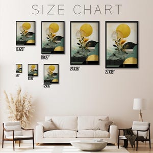 May include: A size chart for a print featuring a stylized abstract design with a yellow sun, green and gold geometric shapes, and a sprig of leaves. The print is available in 10 different sizes, ranging from 5x7 inches to 27x39 inches.