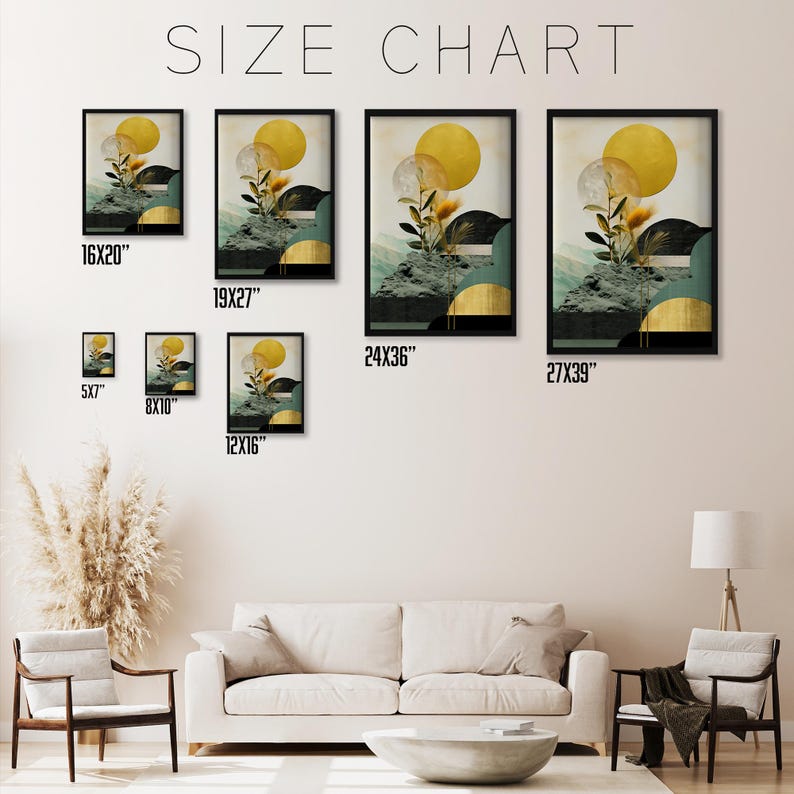 May include: A size chart for a print featuring a stylized abstract design with a yellow sun, green and gold geometric shapes, and a sprig of leaves. The print is available in 10 different sizes, ranging from 5x7 inches to 27x39 inches.