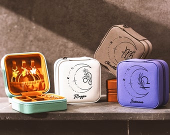 Custom Zodiac Sign Jewelry Case, Zodiac Jewelry Case, Zodiac Moon Gift, Zodiac Leather Travel Case, Gift For Her, Leo Zodiac, Mystical Moon