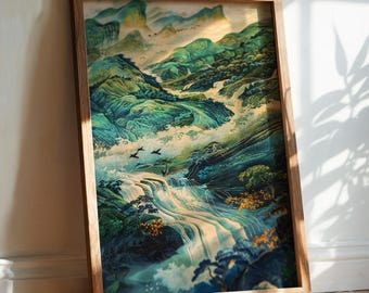 May include: A framed painting of a waterfall cascading down a mountainside. The painting is done in a traditional Chinese style with vibrant green and blue hues.