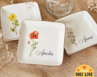 Custom Birth Flower Trinket Dish, Flower Ring Dish, Birthday Jewelry Dish, Wedding Bridesmaid Gift, Ceramic Dish, Jewelry Storage, Ring Dish