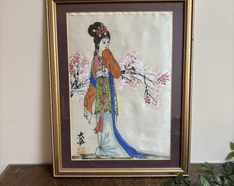 Framed Chinese Silk Painting: Elegant Woman with Blossoms - Vintage Asian Art
