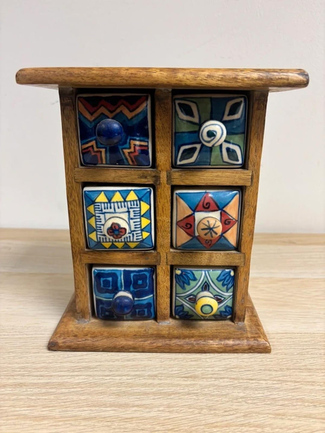 Vintage Wooden Spice Drawer Cabinet With Ceramic Drawers Folk Art ...