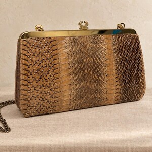 Vintage Genuine Snakeskin Handbag Clutch Chain Strap Made in England Brown Gold