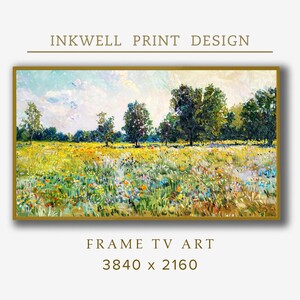 Puede incluir: Una pintura de un campo de flores silvestres con una línea de árboles en el fondo. El cielo es azul con nubes blancas. La pintura está hecha en un estilo que se asemeja al impresionismo.