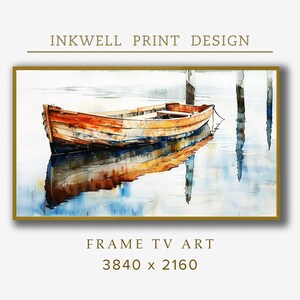 May include: A watercolor painting of a wooden boat floating on a calm body of water. The boat is brown and orange with a reflection in the water. The background is a light blue with two wooden posts in the water.