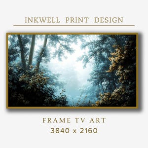 Peut inclure: Une peinture numérique représentant une scène de forêt brumeuse avec une palette de couleurs bleues et vertes. Les arbres sont grands et luxuriants, et la lumière est douce et éthérée. La peinture est encadrée dans un cadre doré.