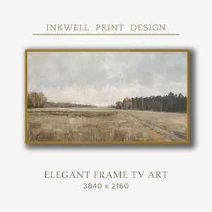 May include: A painting of a field with a dirt road leading to a line of trees in the distance. The sky is cloudy and the field is covered in tall grass. The painting is framed in a gold frame.