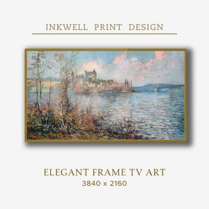 Könnte beinhalten: Ein Gemälde, das eine Flussszene mit einem Schloss im Hintergrund zeigt. Der Fluss ist hellblau und der Himmel ist hellrosa. Das Schloss ist hellbraun und hat ein paar Bäume davor. Das Gemälde ist in einem goldenen Rahmen.