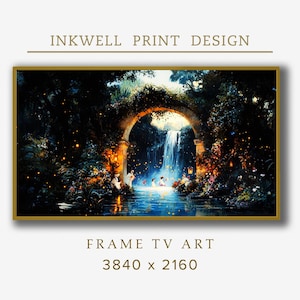 Puede incluir: Una pintura que representa una escena de bosque mágico con una cascada, un arco y luces brillantes. La escena se desarrolla de noche con un cielo azul y estrellas. Hay personas en el agua y una linterna colgando del arco. El texto "INKWELL PRINT DESIGN" está en la parte superior de la imagen y "FRAME TV ART 3840 x 2160" está en la parte inferior.