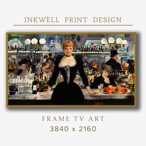 Puede incluir: Una pintura de una mujer con un vestido negro de pie detrás de un mostrador de bar. La mujer está mirando al espectador. Hay otras personas en el fondo y botellas de alcohol en los estantes detrás de la barra.