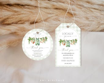 Edytowalne etykiety z podziękowaniami z lokalnej uprawy Edytowalne etykiety z podziękowaniami z okazji baby shower LG02 z lokalnej uprawy Szablon etykiety prezentowej Little Sprout