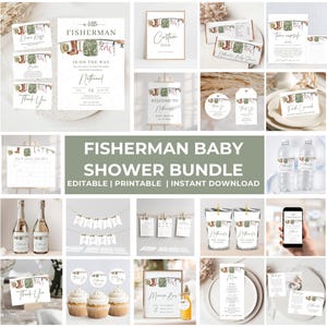 fisherman baby shower party favors bundle printable reel fishing invitation editable boy fishing baby shower party favors bundle FM01