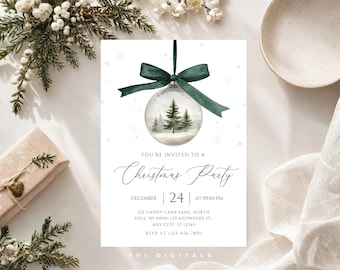 May include: A white Christmas party invitation card featuring a watercolor illustration of a glass ornament with a dark green ribbon, containing a forest scene. Text includes: YOU'RE INVITED TO A Christmas Party, DECEMBER 24 AT 09:00 PM, 123 CANDY CANE LANE, NORTH POLE, NP 00001 123 ANYWHERE ST., ANY CITY, ST 12345, RSVP AT +123-456-7890.