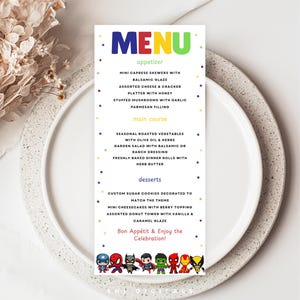 modelo de menu de super-herói para impressão modelo de menu de super-herói cartão de menu de super-herói editável cartão de menu de super-herói para impressão pão de aniversário de super-herói