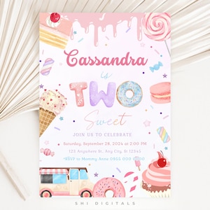 two sweet birthday invitation 2nd birthday girl invitation two year dessert invite candy sweet invitation sweet celebration donut invitation