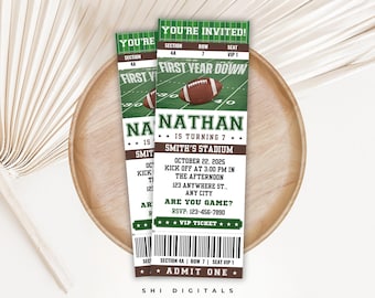 Football First Birthday Ticket Invitation First Year Down FB01
