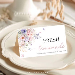 rótulos de alimentos de flores silvestres modelo editável para chás de bebê cartões de barraca de comida personalizados rótulos de alimentos para impressão rótulos de alimentos de flores silvestres alimentos florais