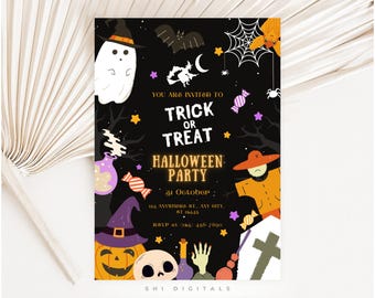 May include: A Halloween party invitation with a black background and festive illustrations. The design includes a ghost, bats, a witch on a broom, and a jack-o'-lantern. Text reads "Trick or Treat Halloween Party" with date and RSVP information.