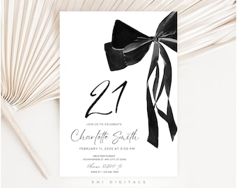 Plantilla minimalista de invitación para el 21.º cumpleaños con lazo negro