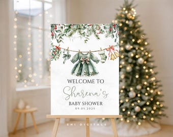 Editable Santa Baby Baby Shower Welcome Sign SB04 Winter Christmas Holiday Baby Shower Sign Merry Little Baby Shower Clothesline Sign