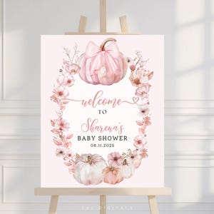 pink bow pumpkin welcome sign poster editable fall pink pumpkin baby shower sign printable a little pumpkin is on the way welcome sign PP02