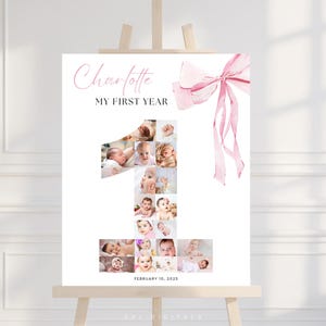pink bow 1st birthday photo collage milestone decor printable my first year pink bow first birthday sign editable my first year collage PB01