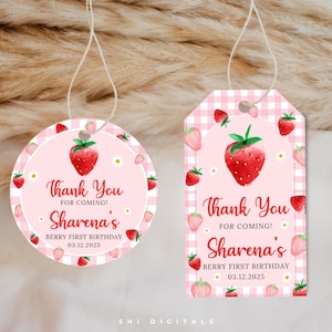 Berry First Thank You Tag Template BF01 Editable Pink Gingham Gift Tags Berry First Birthday Tags Strawberry Favor Tags