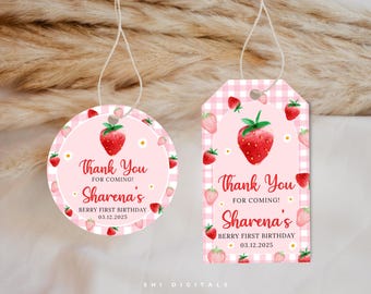 Berry First Thank You Tag Template BF01 Editable Pink Gingham Gift Tags Berry First Birthday Tags Strawberry Favor Tags