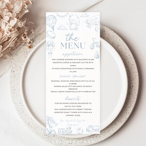 blauwe jouy-menukaart afdrukbare toile de jouy-menukaart bewerkbare jongen toile de jouy-menukaart afdrukbare babyshower-menukaart