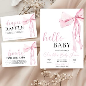 Tarjeta de rifa de pañales con lazo rosa Tarjeta de rifa de pañales para baby shower con lazo rosa Plantilla de rifa de pañales editable Rifa de pañales para niña imprimible
