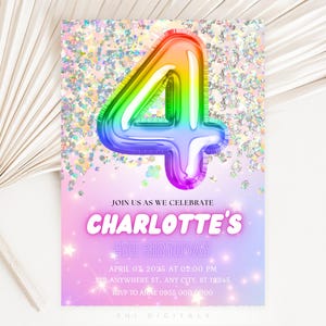 gloed 4e verjaardag uitnodiging sjabloon glitter verjaardagsfeestje uitnodigen regenboog folie meisje vierde verjaardag 4 jaar oud tie dye meisje feestuitnodiging