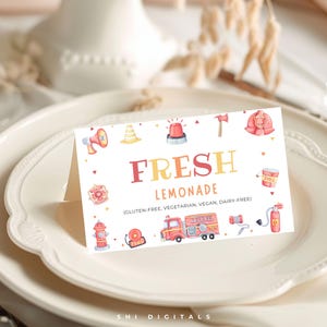 Etiquetas de comida para camión de bomberos, plantilla editable para cumpleaños, tarjetas de comida personalizadas, etiquetas de comida imprimibles, plantilla de etiquetas de comida para bomberos, bombero