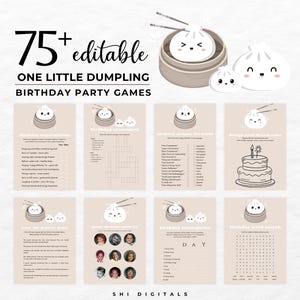 Puede incluir: Colección de juegos imprimibles para fiestas de cumpleaños con temática de dumpling. El diseño presenta ilustraciones de dumplings y el texto "75+ editable ONE LITTLE DUMPLING BIRTHDAY PARTY GAMES". Los juegos incluyen una búsqueda de palabras, crucigramas y más.