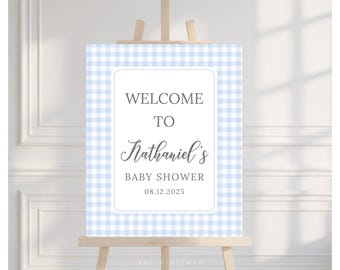 Editable Blue Gingham Baby Shower Welcome Sign Printable BBQ Party Sign Template BG01