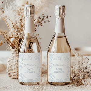 blu toile de jouy etichetta champagne etichetta del vino di compleanno toile de jouy mini etichette champagne tag modificabile modello di etichetta del vino champagne
