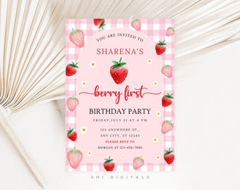 Strawberry First Birthday Invitation Berry First Party Invite Digital Download BF01 Editable Pink Gingham Invitation Berry First Birthday