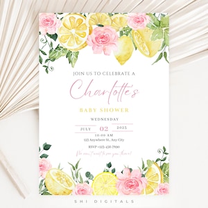 editable pink floral lemon baby shower invitation summer citrus lemon baby shower invitation girl lemonade baby shower invitation FL01